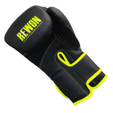 Rewon Excellence R5 black boxing gloves for kickboxing and Muay Thai, durable leather, ideal for men and women, box training gear.